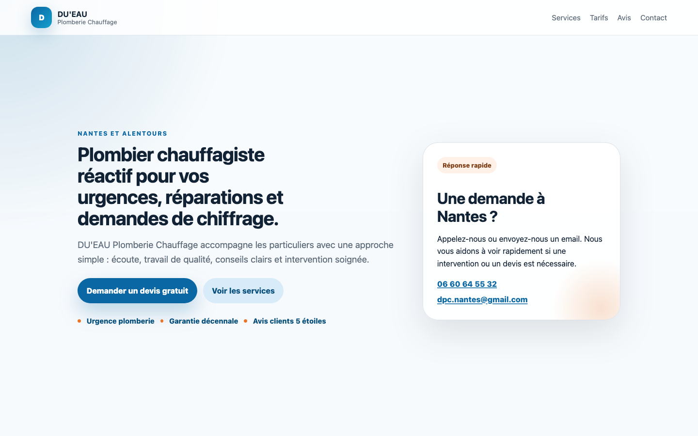 DU'EAU Plomberie Chauffage website hero screenshot